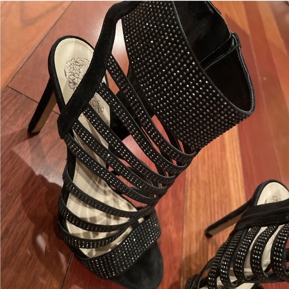 Vince Camuto Katal Black Rhinestone Strappy Suede Dress Heels 8 1/2 side zipper - Picture 5 of 5